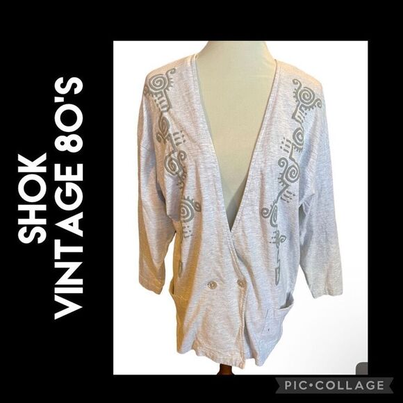 SHoK 80’s Light Gray Button Front Tribal Design Cardigan Jacket/Blazer Size XL-V - Picture 1 of 10